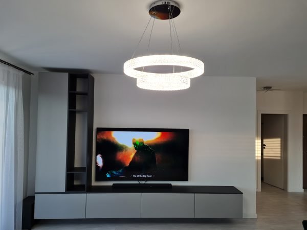 Living suspendat __ exterior MDF AGT 3023 Supramat Dolphin Grey __ usi MDF infoliat NettFront Gri Metal Ultra Mat __ tip-on Blum __ amortizor gaz deschidere usa in jos