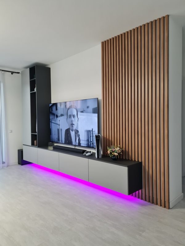 Living suspendat __ exterior MDF AGT 3023 Supramat Dolphin Grey __ usi MDF infoliat NettFront Gri Metal Ultra Mat __ tip-on Blum __ mobila living tv cncwoodskills profil