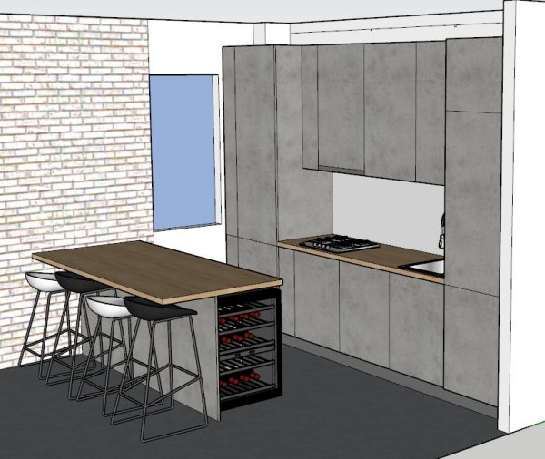 Bucatarie Usi Gri Praf MDF Vopsit - Backsplash cupru - Insula blat stejar sherman maro cognac - Image 2
