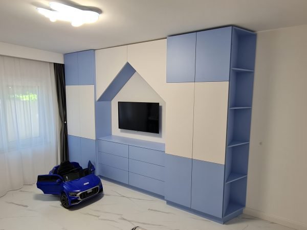 dormitor copil, child bedroom, cnc wood skills, pal alb alpin w1100 si albastru orizont u522 sertare hettich tip-on